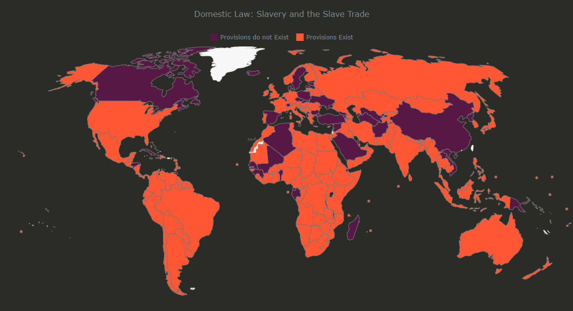 Em roxo são os países que não têm provisões contra escravidão e tráfico de escravos na legislação doméstica. Em laranja são os países que têm provisões legais contra esse crime. 